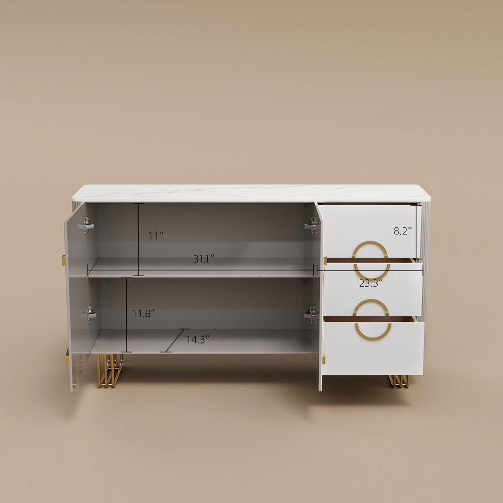 62.4" Sleek Modern White and Gold Buffet Cabinet with Circular Accents
