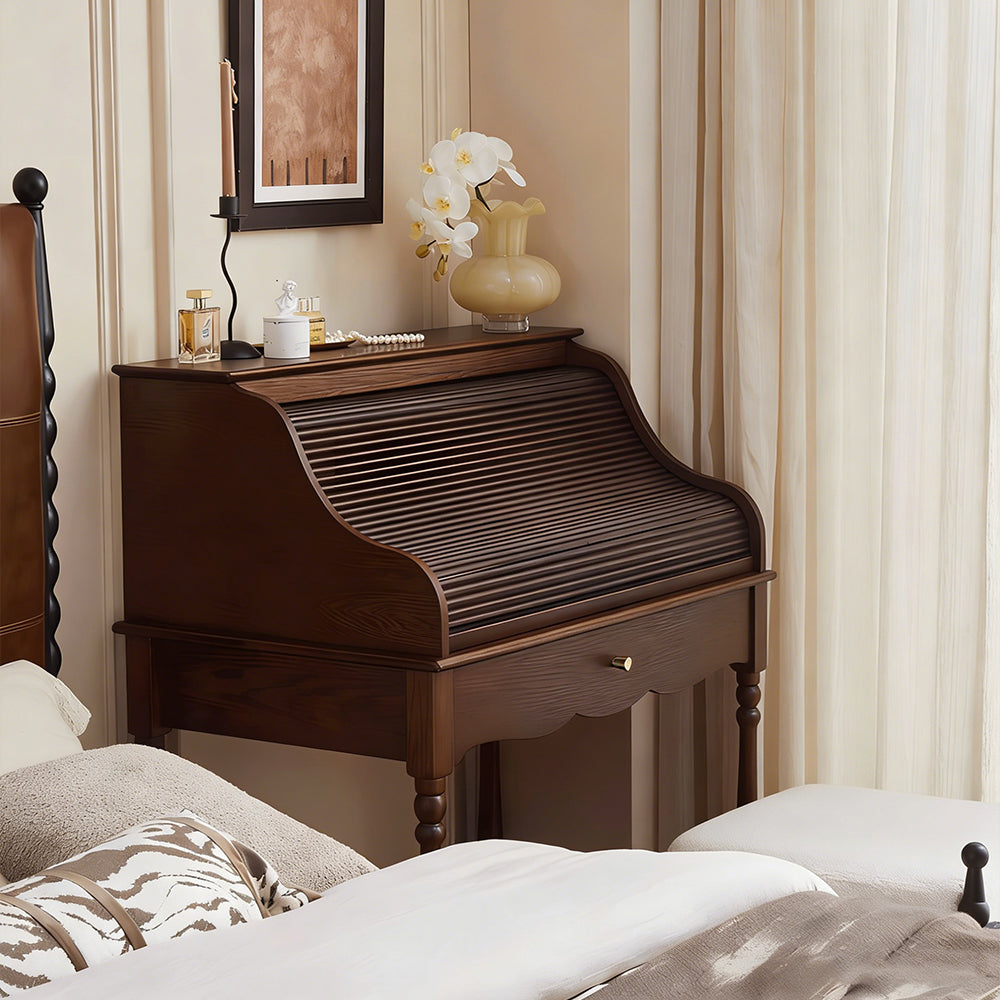 39.3'' Modern Vintage Roll Top Vanity Desk Solid Wood Makeup Table with Storage and Drawer