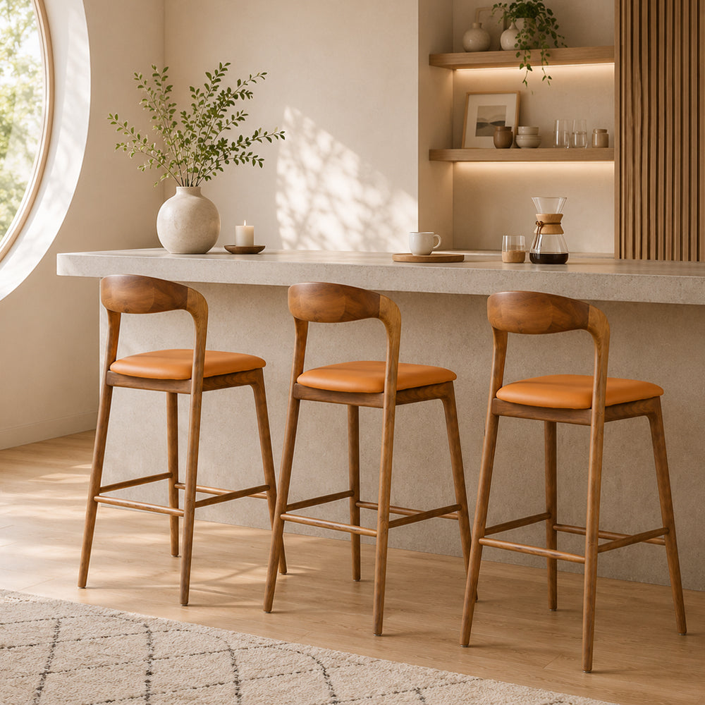 Modern Solid Wood Bar Stool with Curved Backrest Upholstered Counter Chair 1 Piece