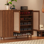 Load image into Gallery viewer, Mid-Century Rattan Shoe Cabinet with 2 Doors Walnut Wood Entryway Storage Organizer with Open Shelf
