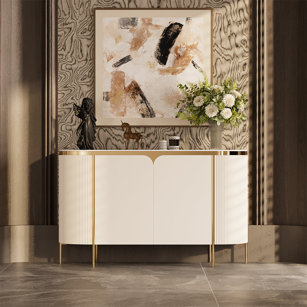 Luxury White & Gold Dining Suite Convertible Expandable Dining Table Contemporary Sideboard