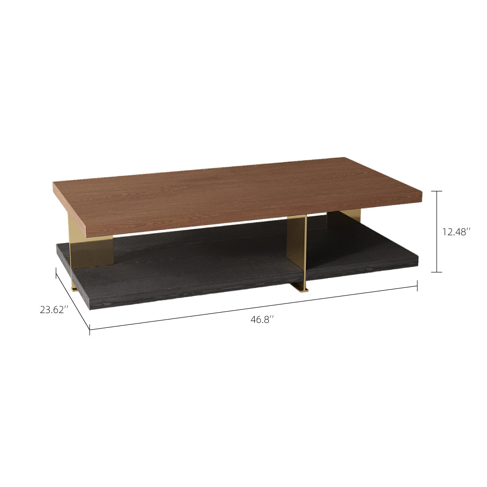 35.1″ Square Coffee Table with Dual-Tone Wood and Stone Base Modern Minimalist Design with Gold Metal Accents