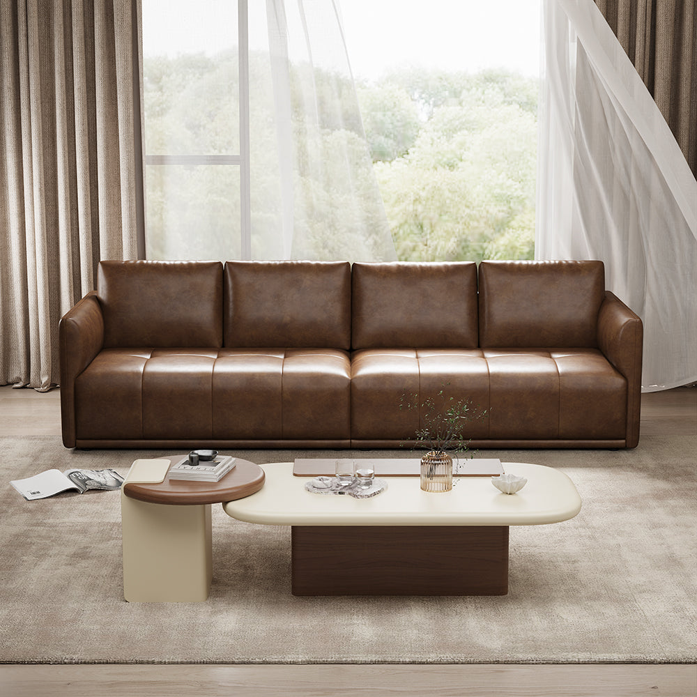 Modern Brown Faux Leather Sofa with Deep Cushions & Clean Lines