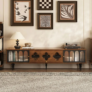 78.74" Mid-Century Walnut TV Stand Arched Glass Doors Vintage Storage Cabinet Retro Wood Finish