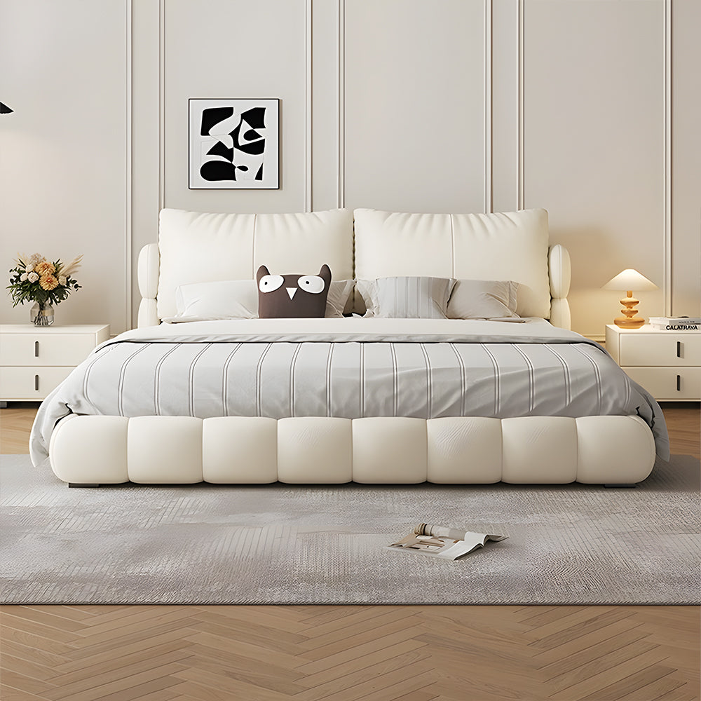 Queen Size Modern Bed with Ultra-Fiber Leather Steel-Wood Slatted Frame and Sleek Minimalist Design