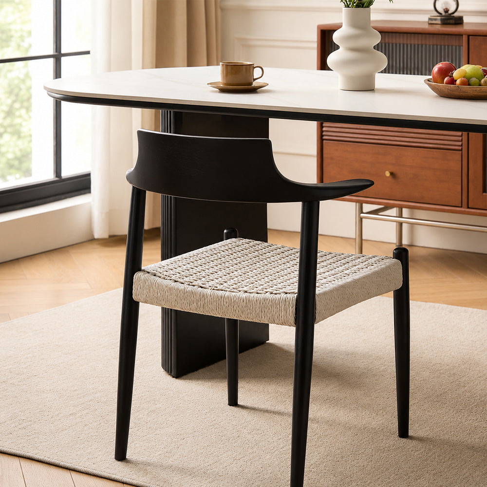 Modern Solid Wood Dining Chair with Handwoven Paper Rope Seat and Sculptural Armrests 1 Piece