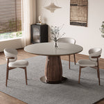 Load image into Gallery viewer, 53.1&quot; Modern Dining Table with Marble-Like Stone Top and Sculptural Wooden Base
