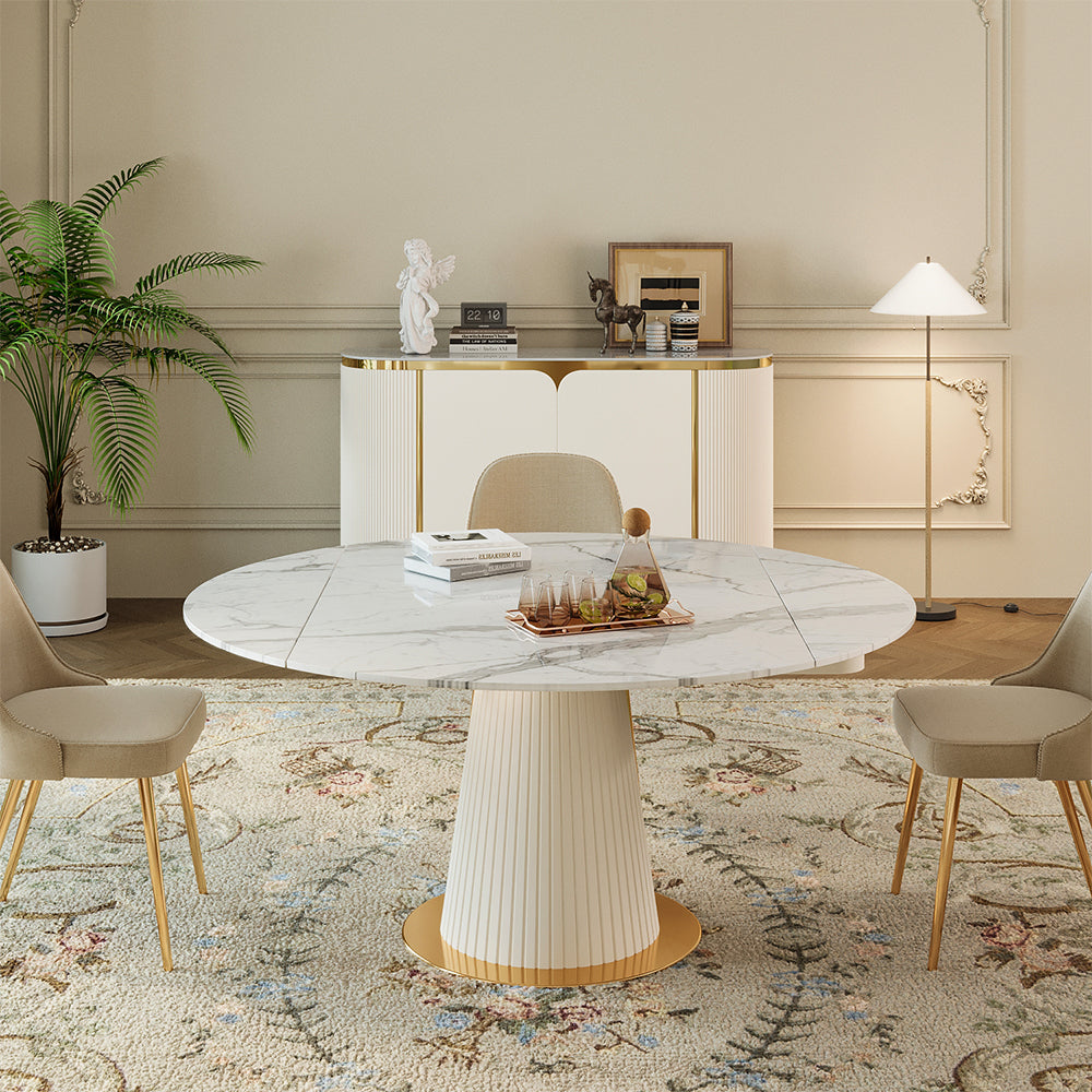 Luxury White & Gold Dining Suite Convertible Expandable Dining Table Contemporary Sideboard