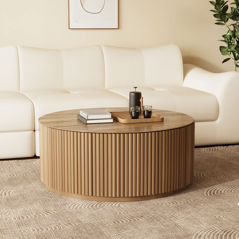 33.15″ Round Coffee Table Wood Finish Modern Minimalist Style for Living Room