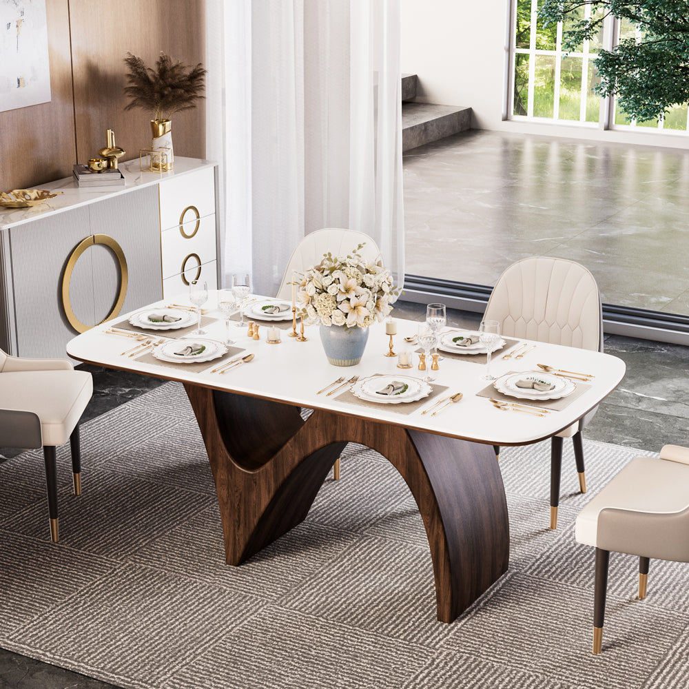 Modern Luxury Dining Set Sculptural Wood & Marble-Effect Table × White-and-Gold Buffet Cabinet