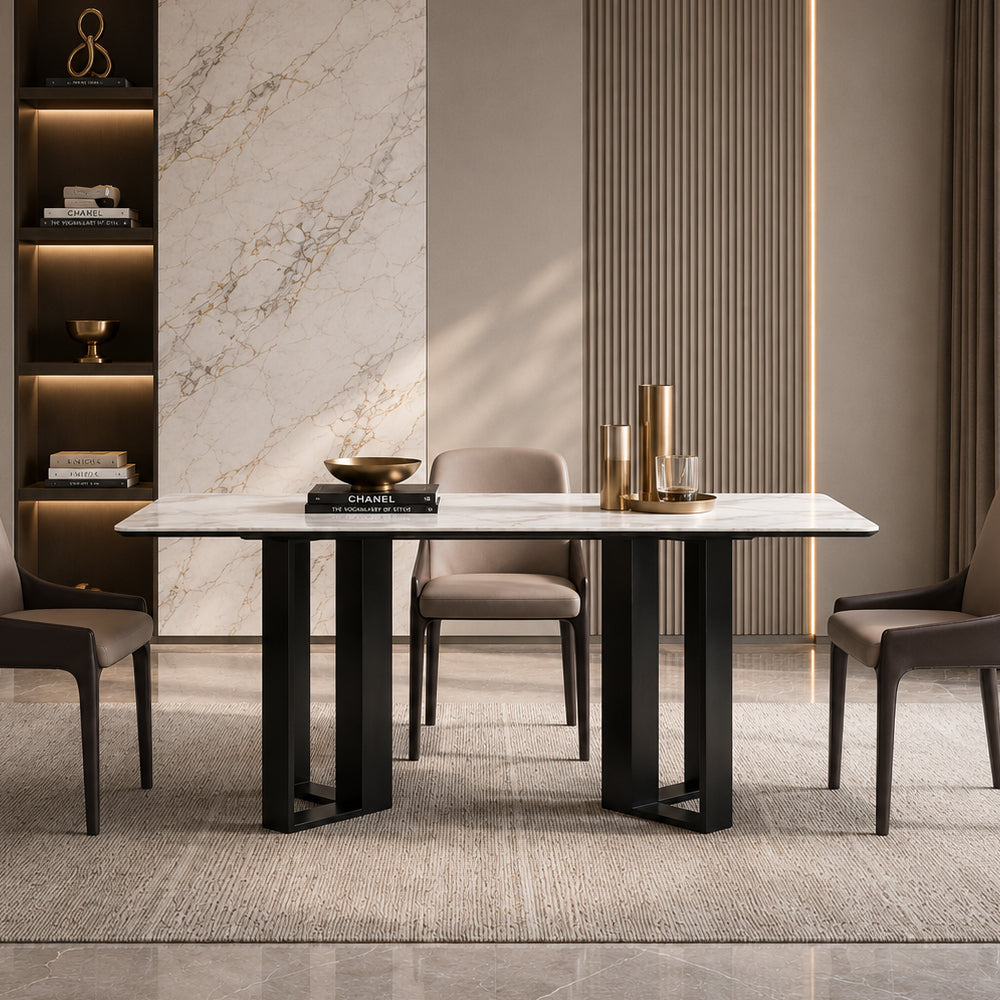 Modern Rectangular Dining Table with Marble-Look Top and Black Metal Base