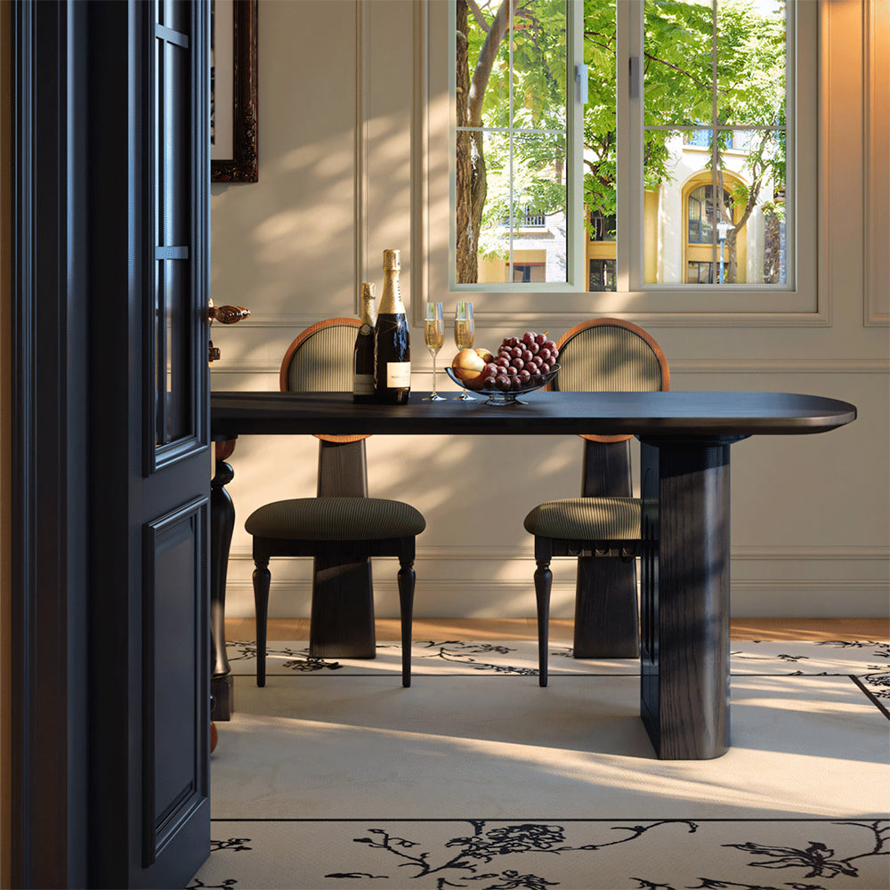 Modern Sculptural Dining Table Solid Wood Black Finish Pedestal Base Minimalist Dining Table