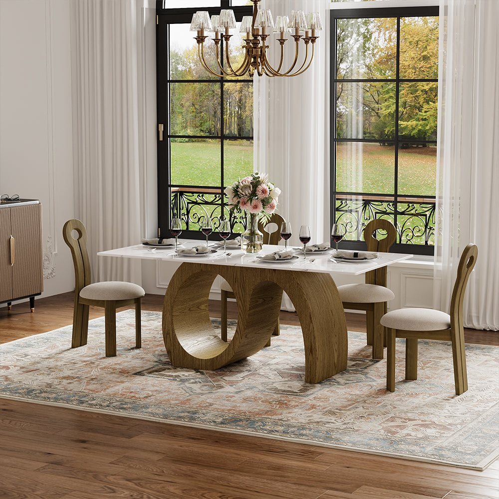 Modern Sculptural Dining Table with Marble-Effect Top & Artistic Wooden Base