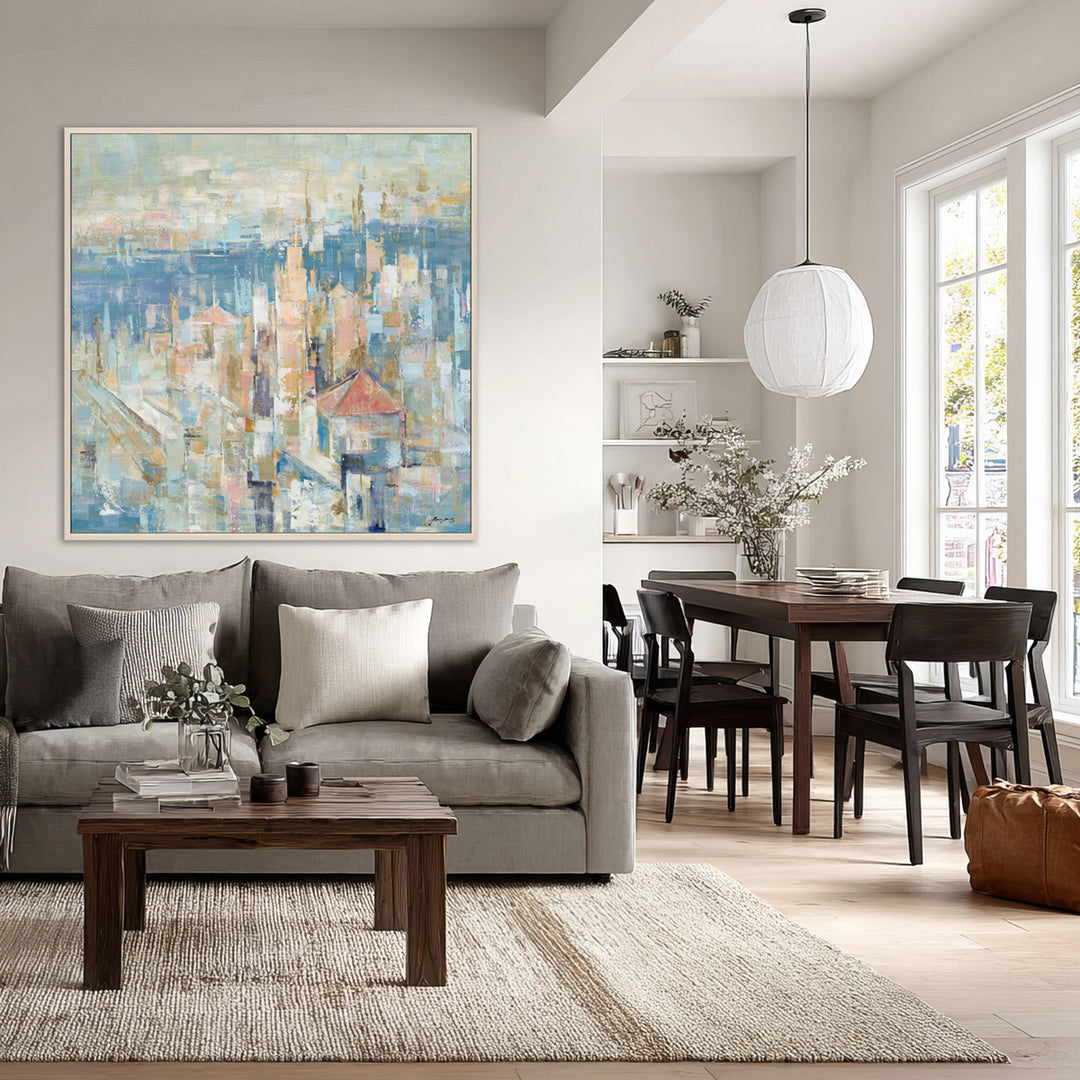 Handmade Abstract Canvas Wall Art – Urban Landscape Painting with Blue and Gold Tones