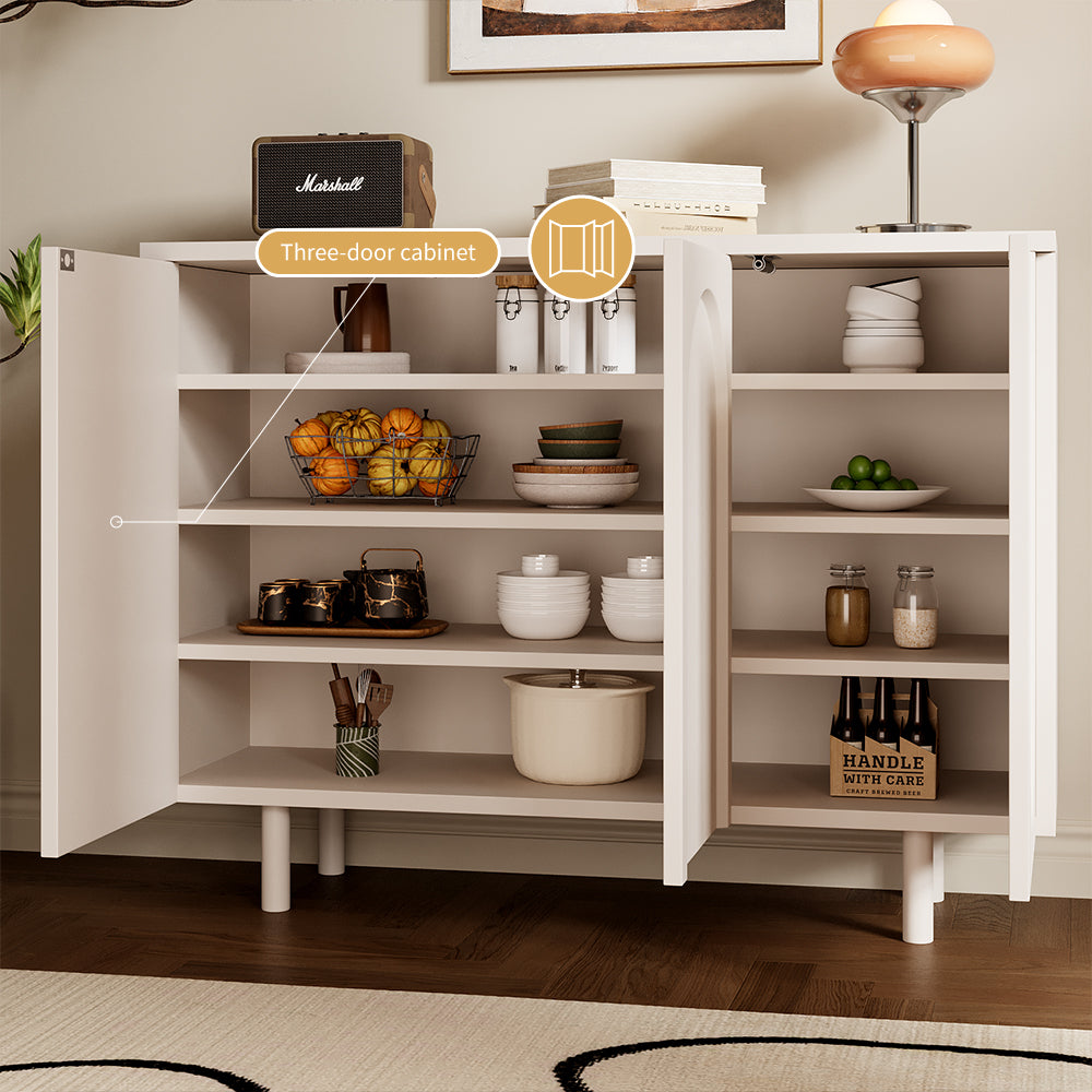 3 Door Sideboard Modern Cabinet Matte White Finish Adjustable Shelves Irregular Veneer Solid Wood Legs