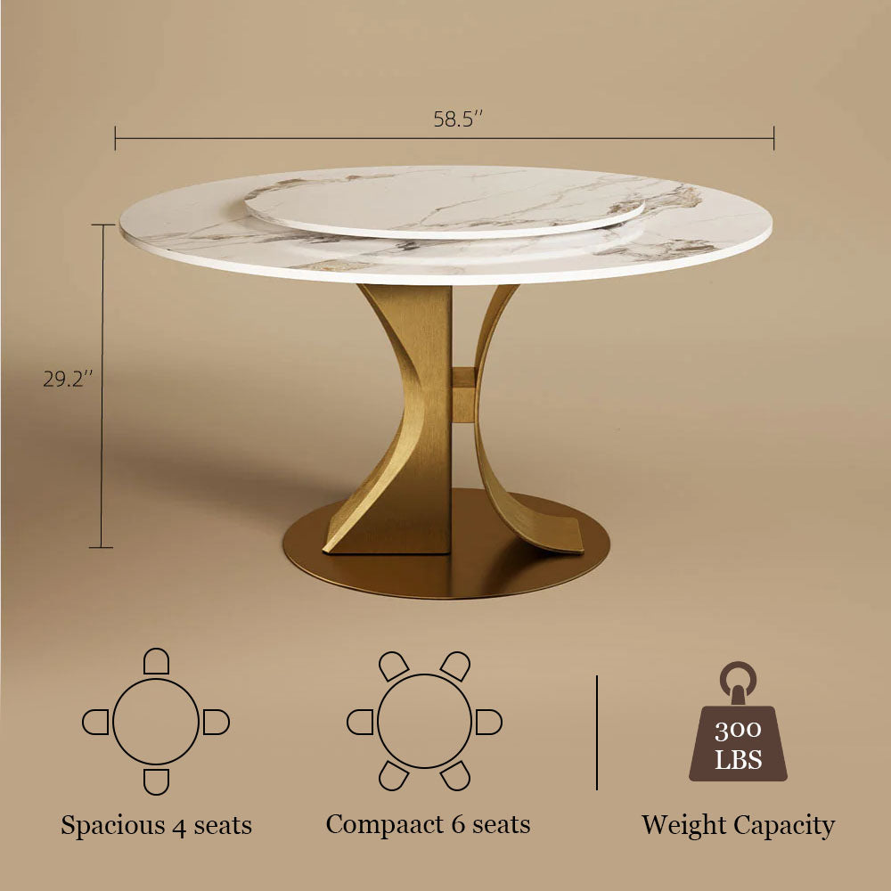 Round Dining Table Lazy Susan Marble Effect and Gold Metal Base Perfect for 4-6 People