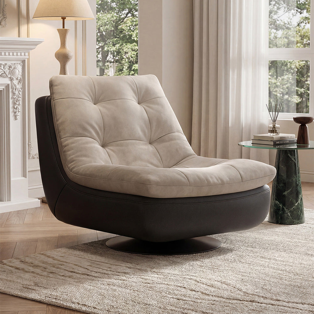 Modern Swivel Lounge Chair Upholstered Cushion Faux Leather Base Tufted Accent Chair Low Profile Design