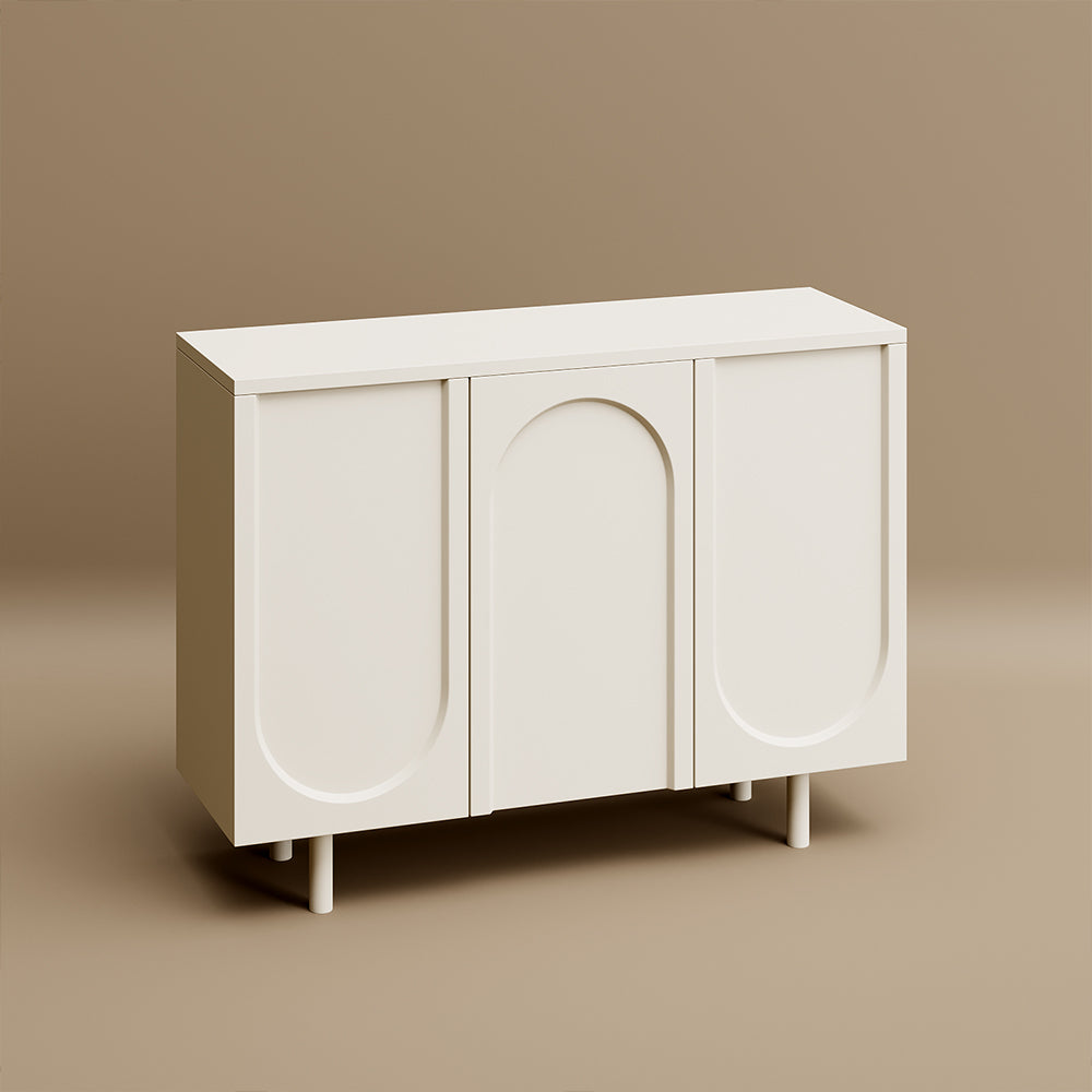 3 Door Sideboard Modern Cabinet Matte White Finish Adjustable Shelves Irregular Veneer Solid Wood Legs
