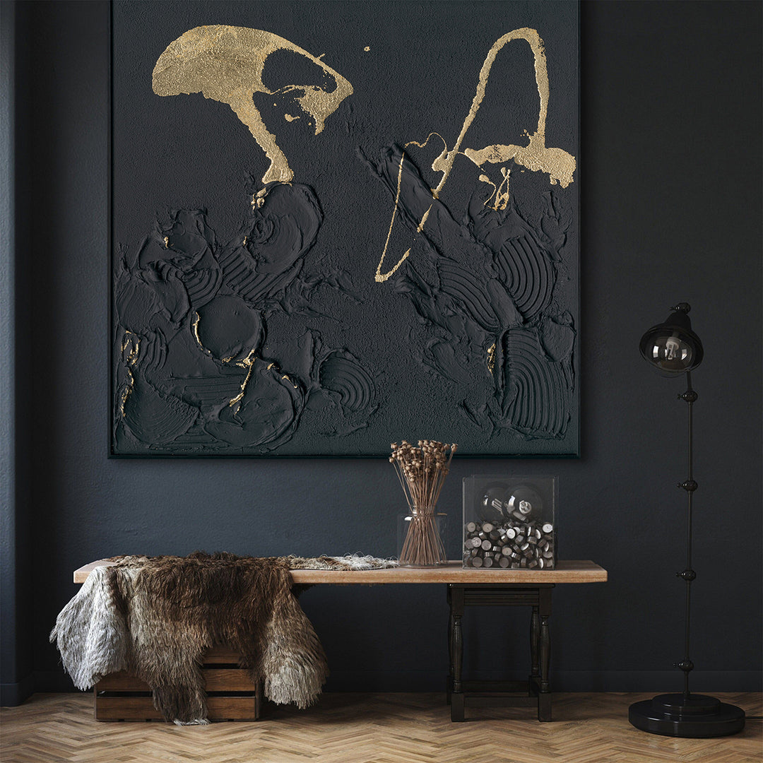 Handmade Abstract Wall Art – Black Textured Painting with Gold Accents