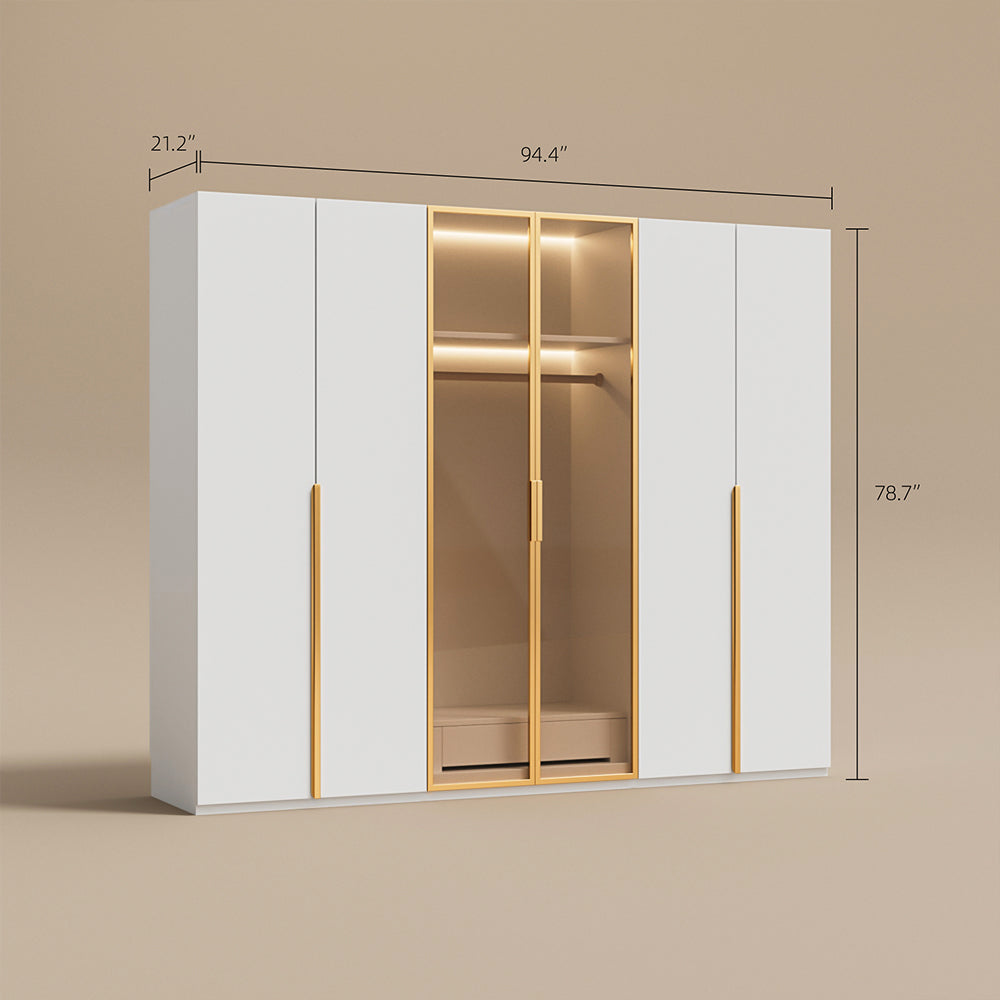 Modern Luxury Six-Door Closet Wardrobe in Champagne Gold and White with Glass Accents & Spacious Storage