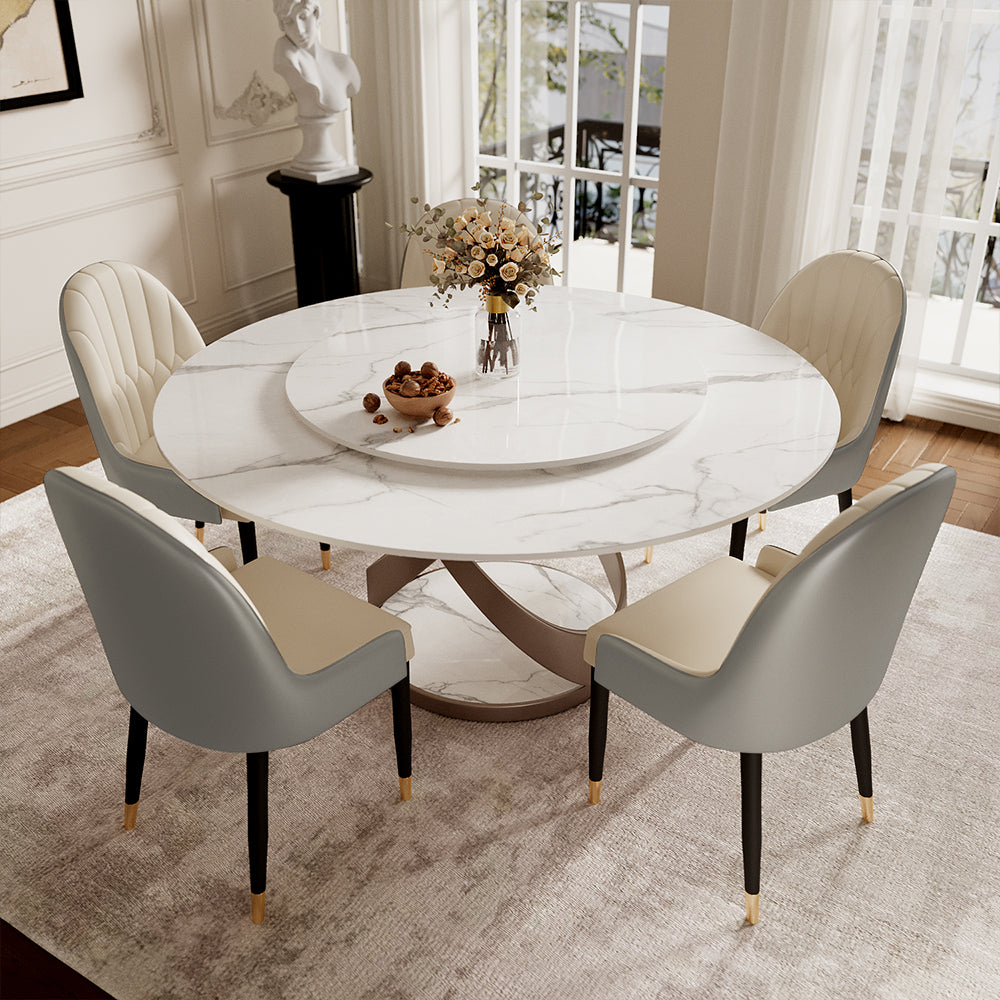 Round Dining Table Lazy Susan Marble Effect X Metal Base Perfect for 4-6 People