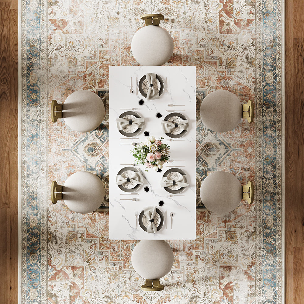 Modern Sculptural Dining Table with Marble-Effect Top & Artistic Wooden Base