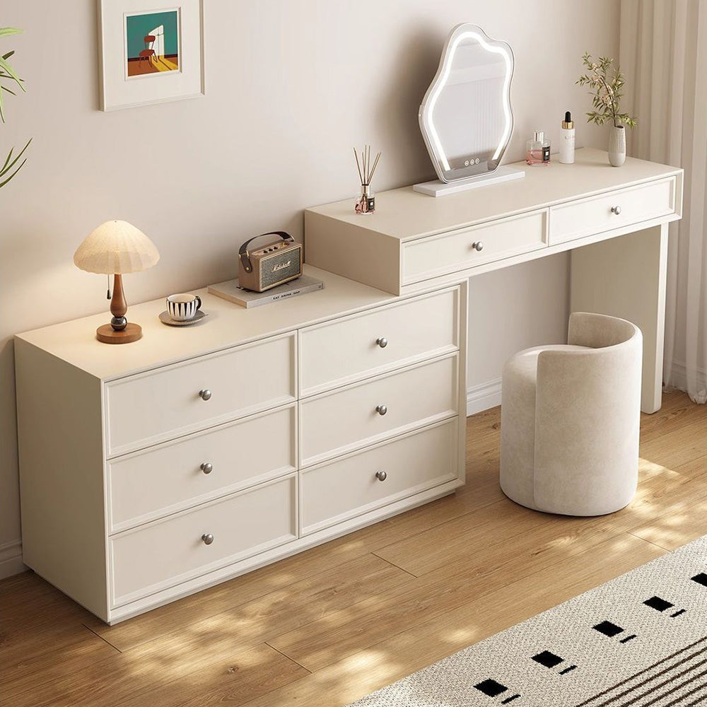 Solid Wood Vanity Desk with Side Cabinet and Upholstered Stool