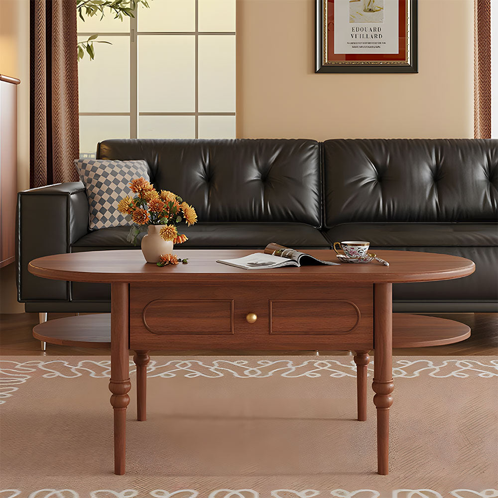 46'' Oval Solid Wood Coffee Table Warm Cherry Finish Hidden Drawer Side Shelf