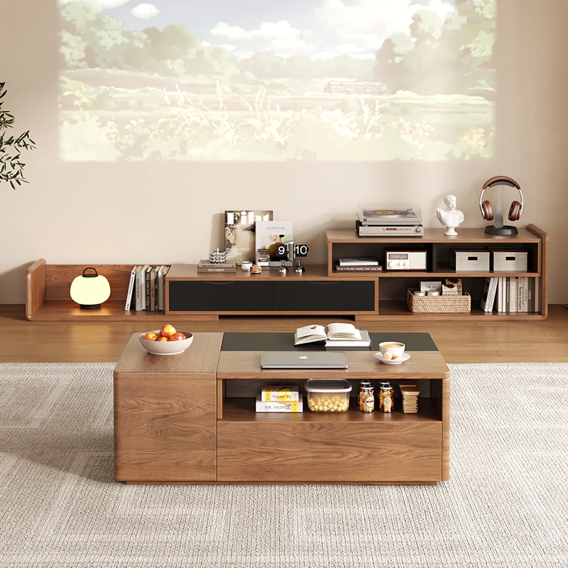 Elegant Walnut Living Room Set Lift-Top Coffee Table & Matching TV Console