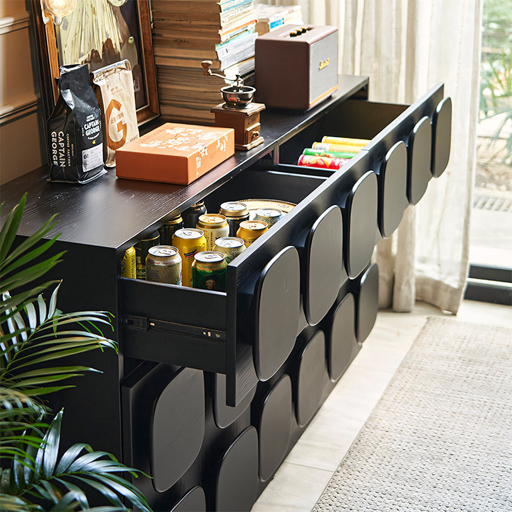 Modern Black Sculptural Sideboard Cabinet Geometric Panel Storage Buffet Cabinet for Dining Room Living Room