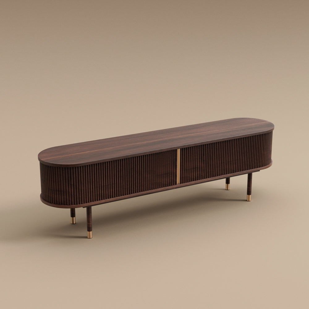 70.8" Modern Solid Wood TV Stand with Fluted Doors Minimalist Media Console with Rounded Corners & Gold Accents