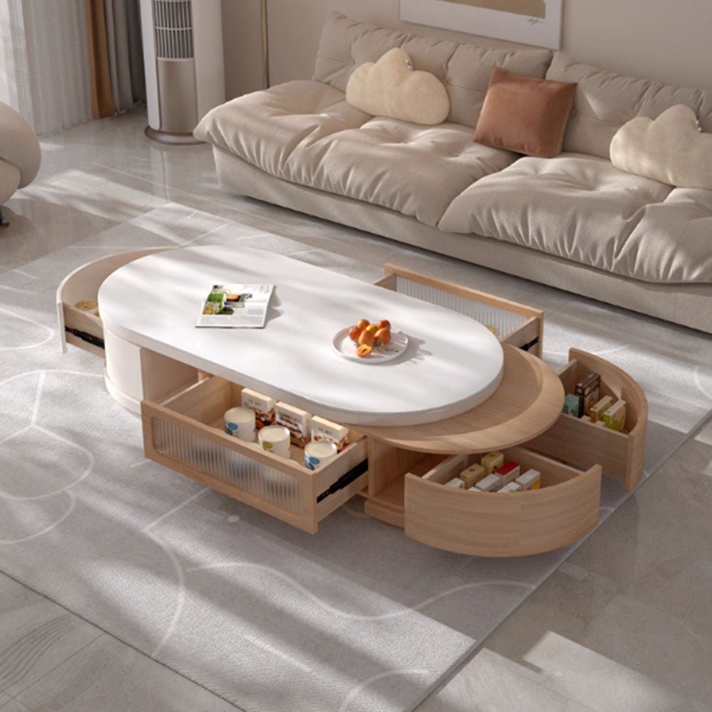 Modern Natural Wood & White Extendable Oval Coffee Table with Stone Top and Hidden