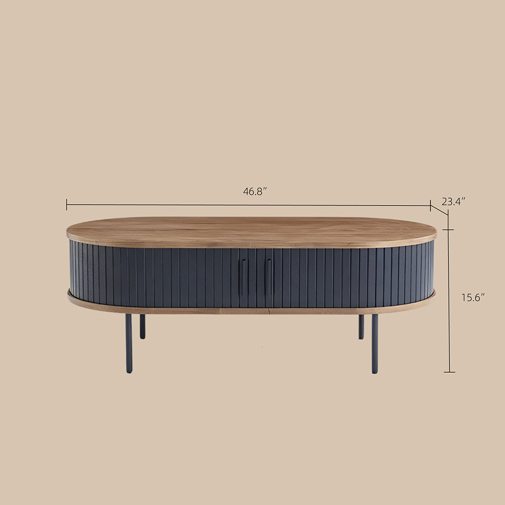 46.8'' Coffee Table Oval Shape Modern Design Walnut Black Accent Storage Compartment