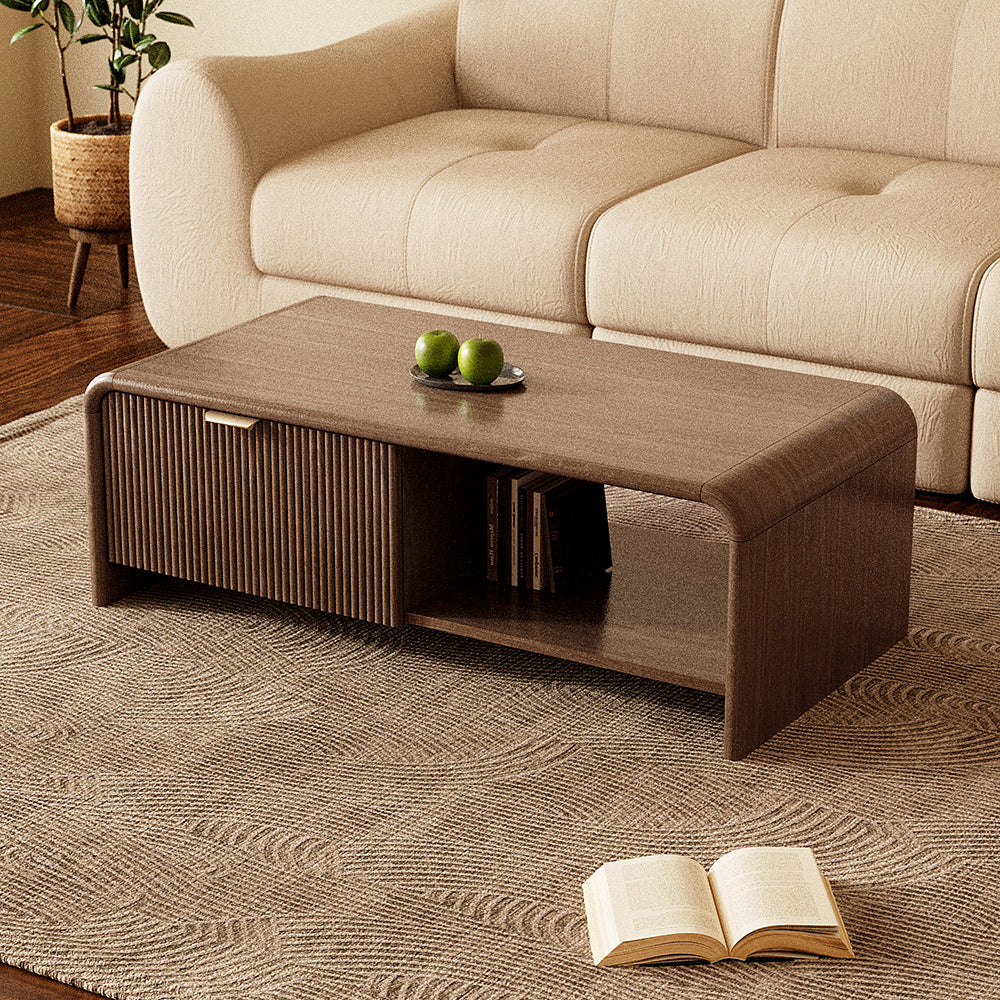 39'' Walnut Finish Coffee Table with Rounded Corners and Storage Mid Century Minimalist Style