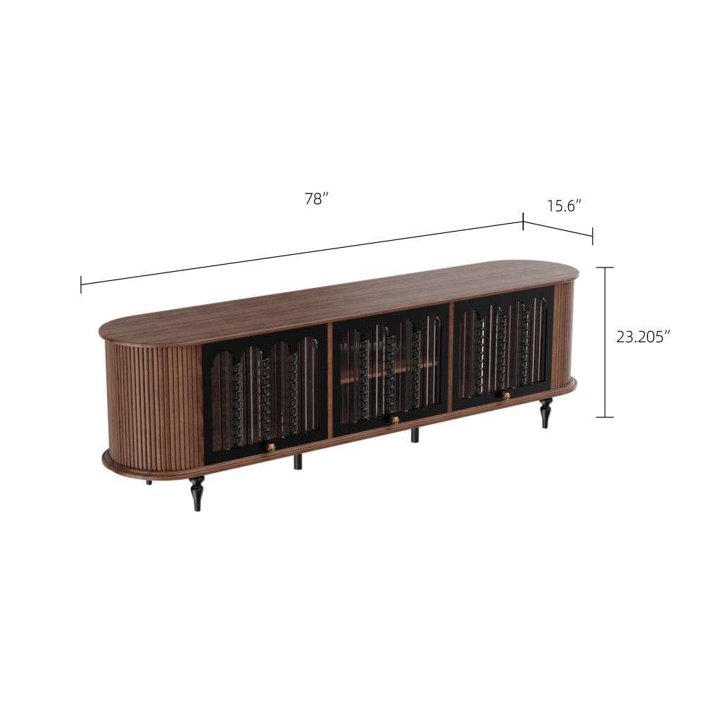 78" Retro TV Stand Curved Edge Design Arched Glass Doors Long Storage Cabinet Vintage Style Unit