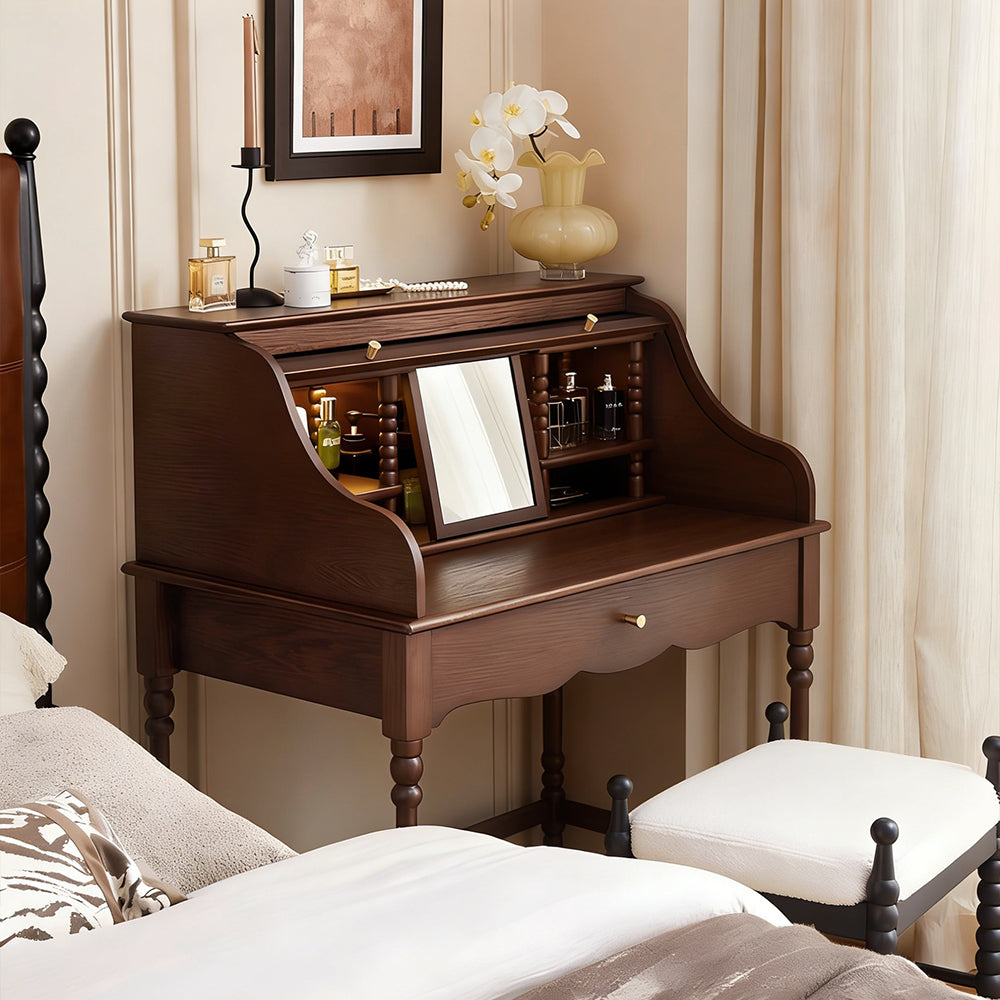 39.3'' Modern Vintage Roll Top Vanity Desk Solid Wood Makeup Table with Storage and Drawer