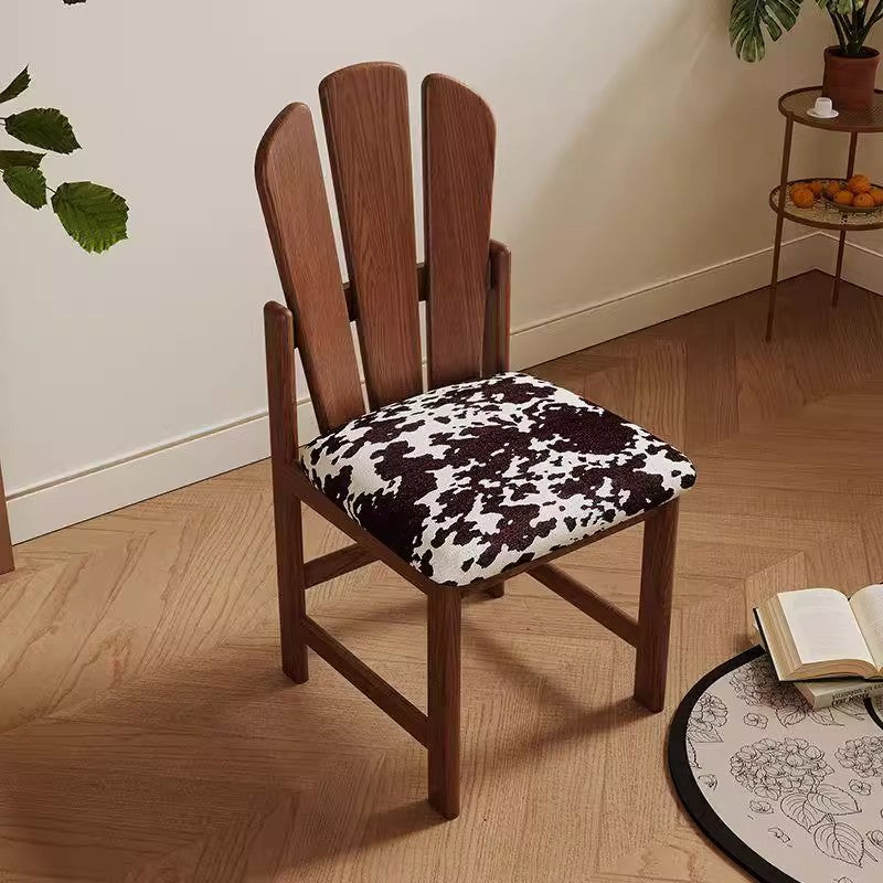 17''2PCS Vintage Style Dining Chair Solid Wood Fan Back Cowhide Pattern Seat