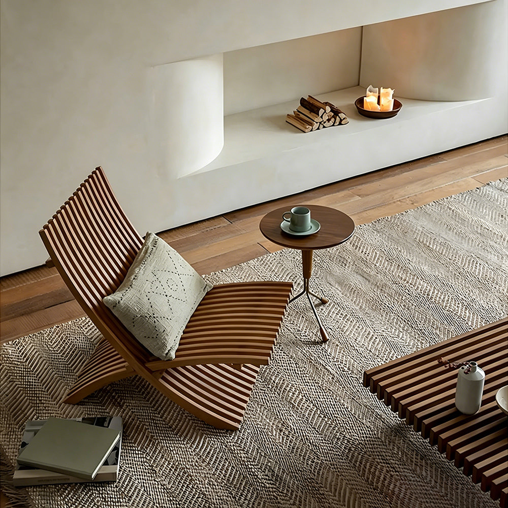 Modern Curved Solid Wood Lounge Chair with Sculptural Slatted Design