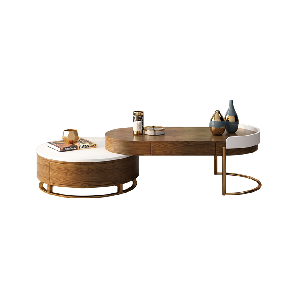 41'' Modern Round Nesting Coffee Table Wood Texture Metal Base Light Luxury Living Style