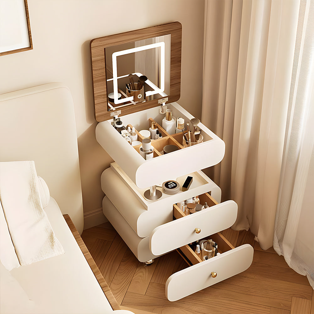 Convertible Vanity Desk with LED Mirror Transforms into Nightstand Height Adjustable Makeup Table with Storage Drawers