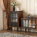 Load image into Gallery viewer, 17&#39;&#39;Vintage Glass Door Cabinet with Arched Panels | Black and Walnut Finish + Turned Legs + Enclosed Storage

