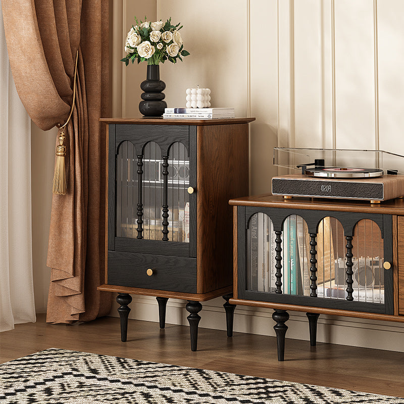 17''Vintage Glass Door Cabinet with Arched Panels | Black and Walnut Finish + Turned Legs + Enclosed Storage