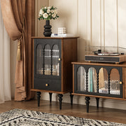 17'' Vintage Glass Door Cabinet with Arched Panels Black and Walnut Finish Turned Legs Enclosed Storage