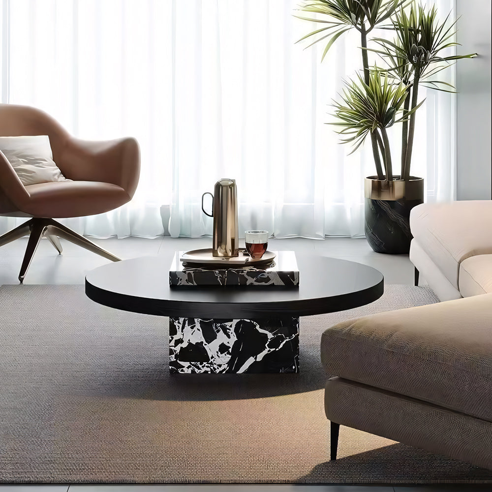 Black Round Coffee Table with Marble-Pattern Pedestal Base for Contemporary Living Rooms