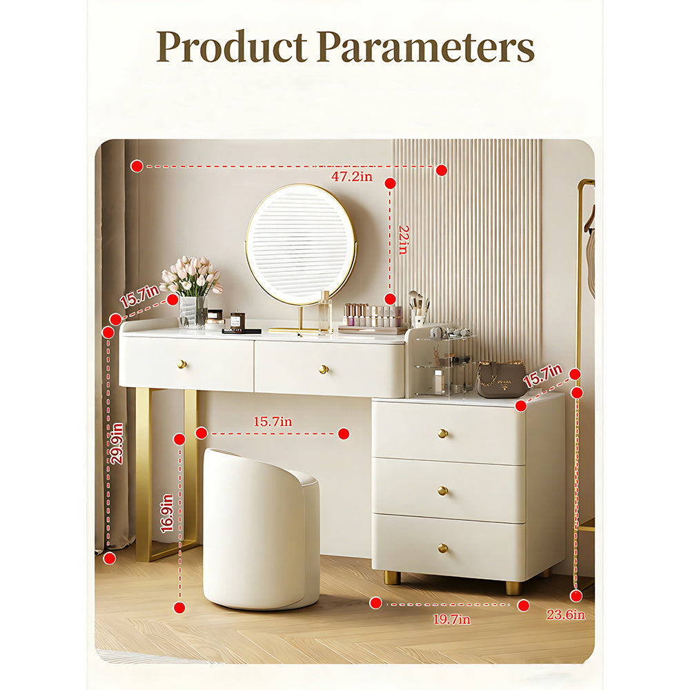 Modern White Vanity Desk with Mirror and Drawers Makeup Dressing Table with Storage Cabinet and Stool