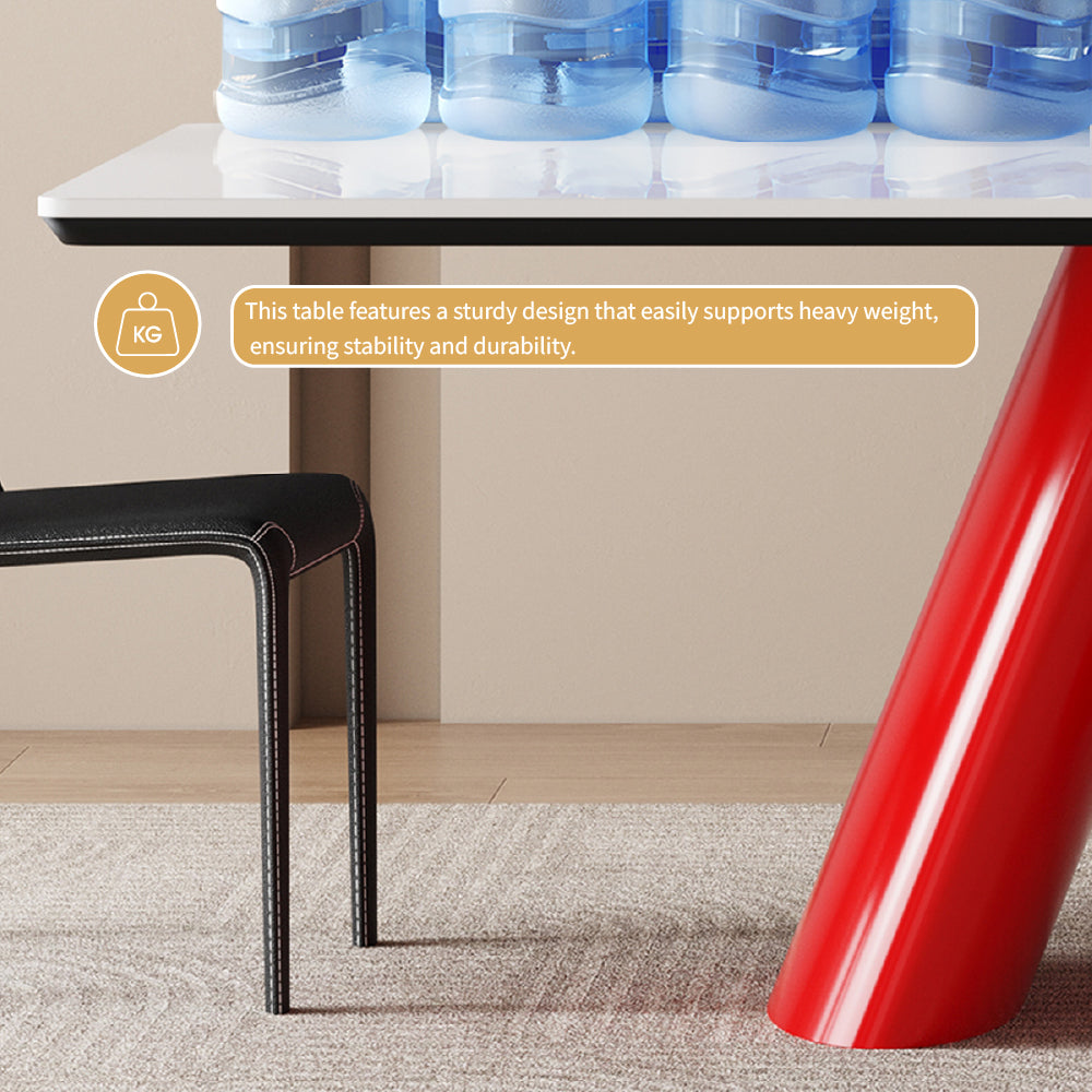 Modern Dining Table Red Sculptural Base Ceramic Stone Top