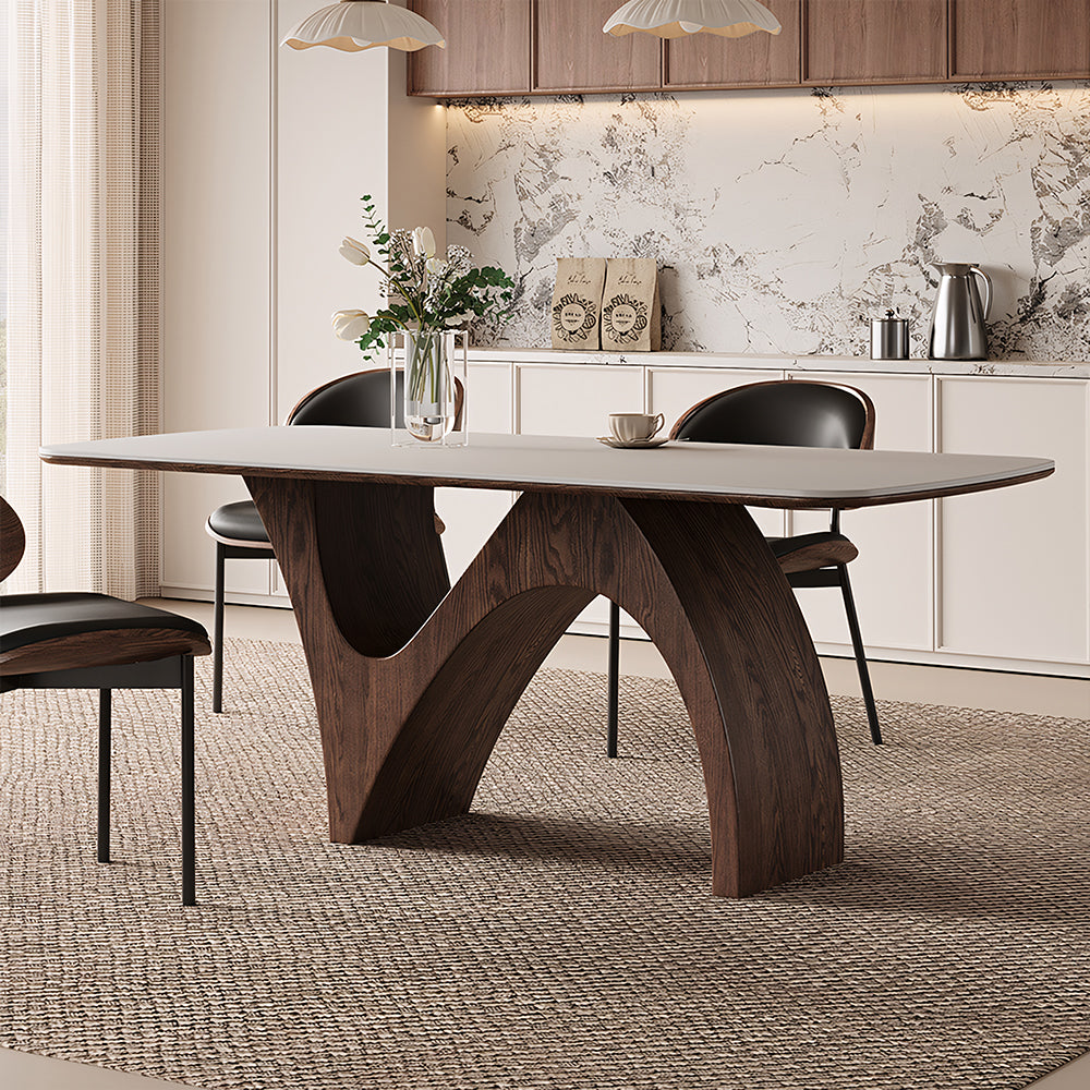 Modern Dining Table with Marble-Like Stone Top and Sculptural Wooden Base