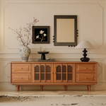 Load image into Gallery viewer, 70&#39;&#39; Solid Wood TV Stand Cabinet Arched Glass Doors Multi Drawer Design Warm Cherry Finish
