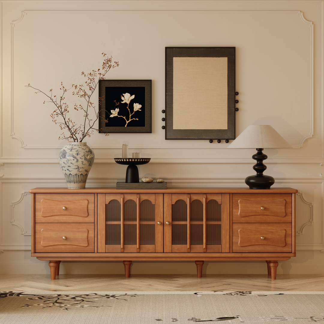 70'' Solid Wood TV Stand Cabinet Arched Glass Doors Multi Drawer Design Warm Cherry Finish