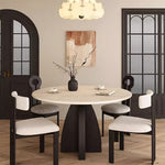 Load image into Gallery viewer, Modern Round Travertine Dining Table Solid Wood Pedestal Base Minimalist Dining Room Table
